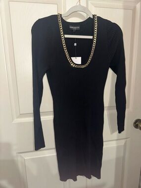Generation Love Dolly Chain Dress Black Ribbed Dress with Gold Chain neckline L